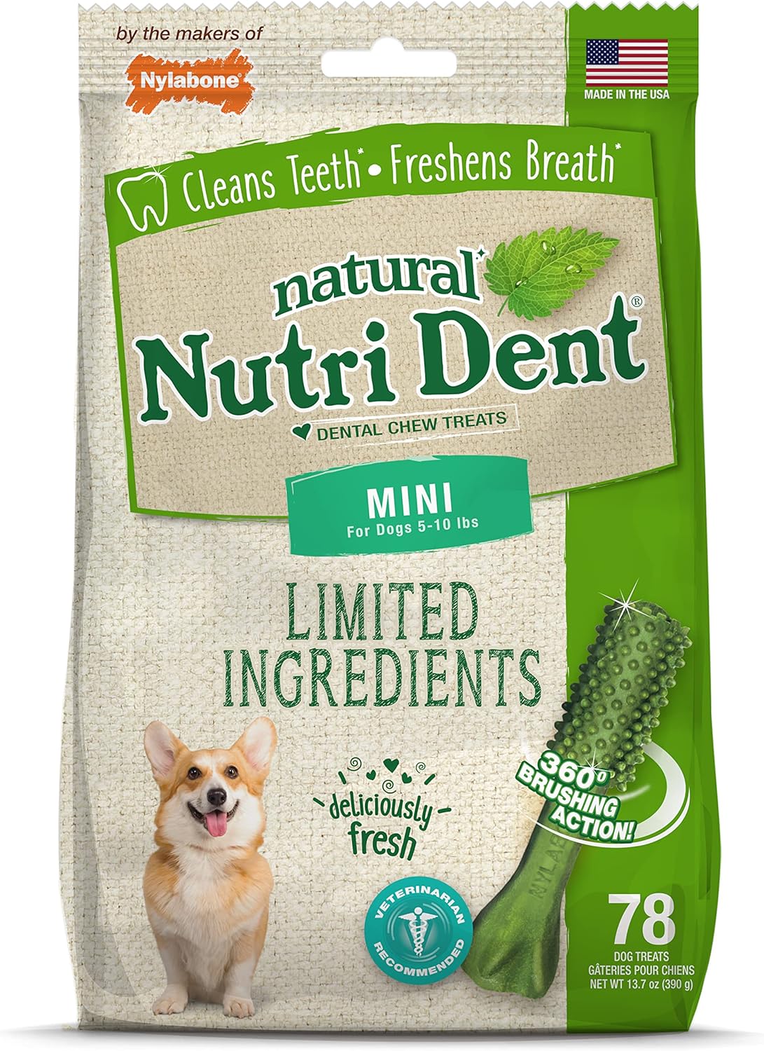 Nylabone Nutri Dent Dog Dental Treats - Natural Dog Teeth Cleaning & Breath Freshener - Dental Treats for Dogs - Fresh Breath Flavor, Mini (78 Count)