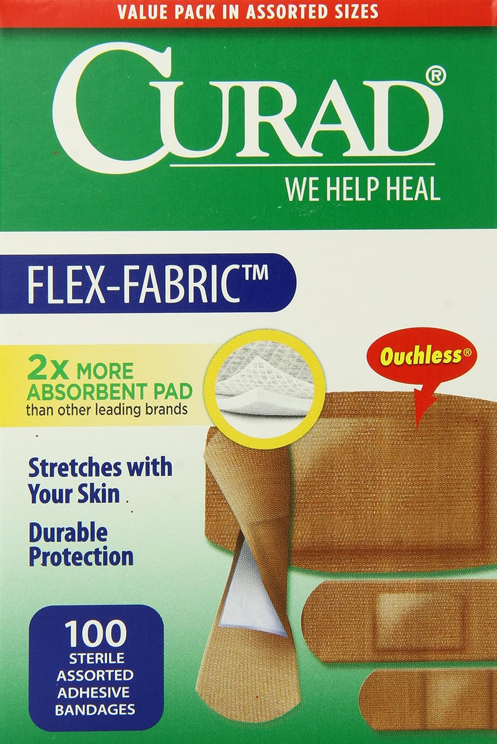 Curad Flex-Fabric Adhesive Bandages, Assorted Sizes, 100 Count (Pack of 6) : Health & Household