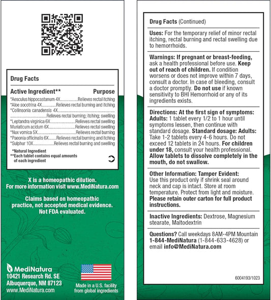Bhi Natural Hemorrhoid Relief Soothes Burning, Swelling, Itching, Rectal Pain & Discomfort 8 Maximum Strength Homeopathic Active Ingredients Ease From The Inside For Women & Men - 100 Tablets