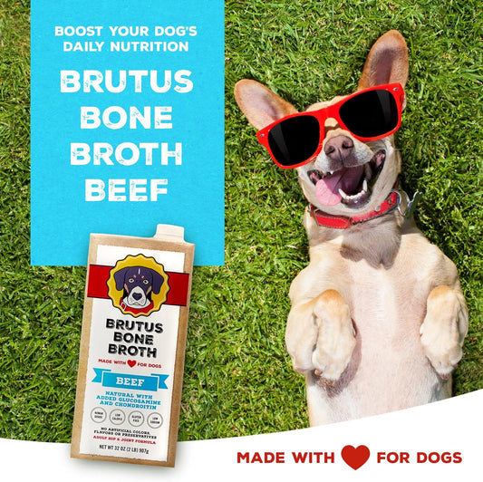 Brutus Beef Bone Broth for Dogs and Cats - All Natural Dog Bone Broth with Chondroitin Glucosamine & Turmeric -Human Grade Dog Food Toppers for Picky Eaters & Dry Food -Tasty & Nutritious- Pack of 12
