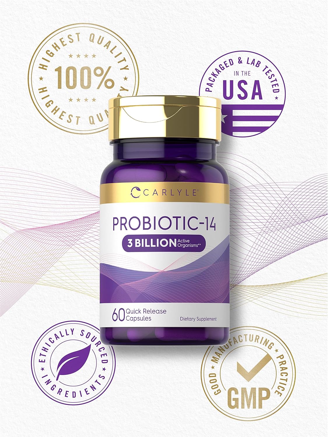 Carlyle Probiotic for Women & Men | 3 Billion CFU | 60 Capsules | 14 Strains | Non-GMO & Gluten Free : Health & Household