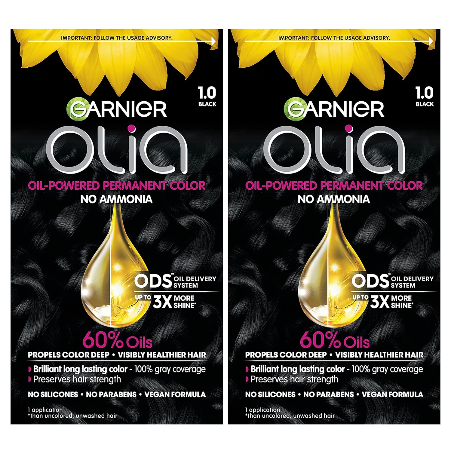 Garnier Hair Color Olia Ammonia-Free Brilliant Color Oil-Rich Permanent Hair Dye, 1.0 Black, 2 Count (Packaging May Vary)