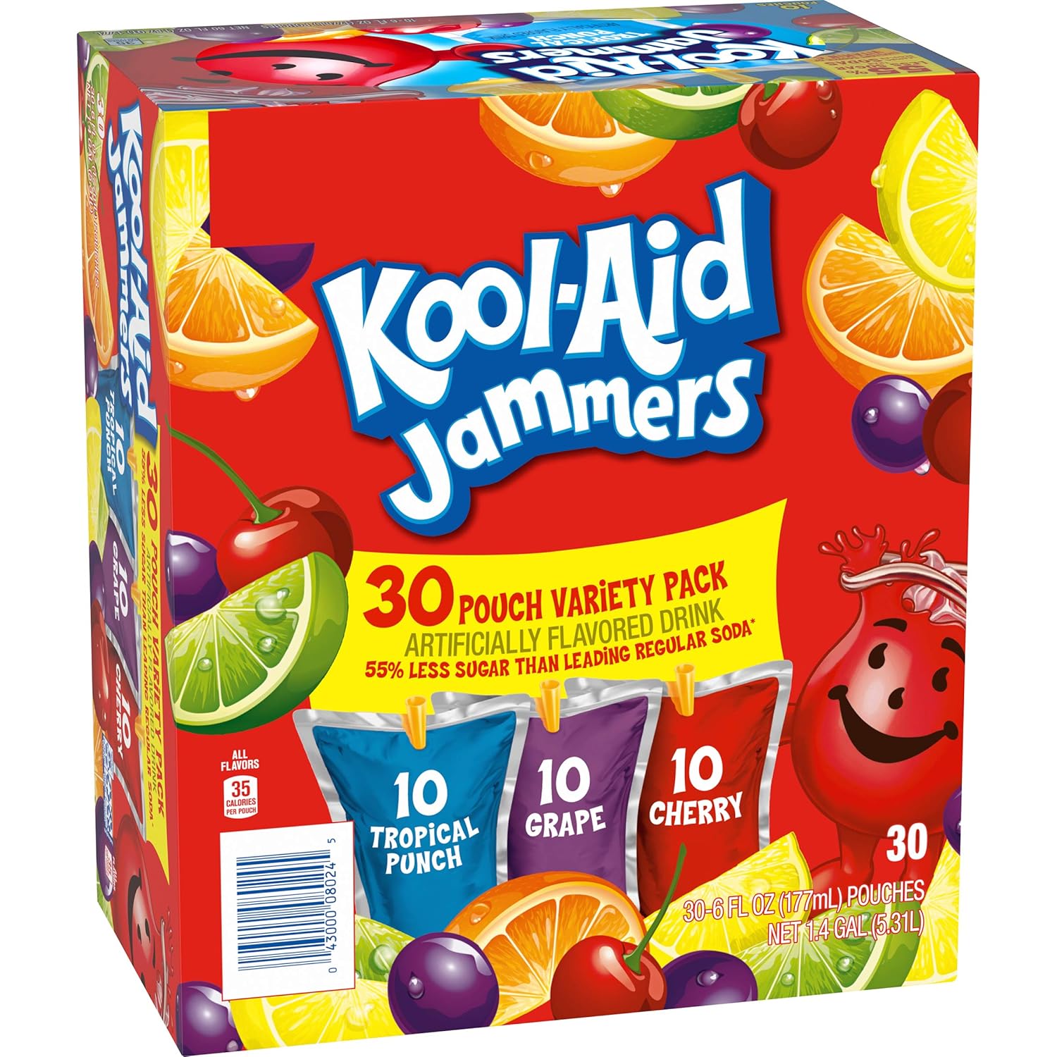 Kool-Aid Jammers Tropical Punch (Grape & Cherry Artificially Flavored Kids Soft Drink Variety Pack, 30 Ct Box, 6 Fl Oz Pouches)