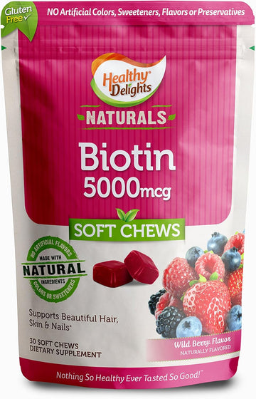 Healthy Delights Naturals, Biotin Soft Chews, Supports Lustrous Hair, Glowing Skin & Strong Nails, Delicious Wild Berry Flavor, 30 Count