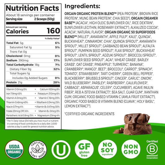 Orgain Organic Vegan Protein + 50 Superfoods Powder, Creamy Chocolate Fudge - 21G Plant Based Protein, 10G Prebiotic Fiber, No Lactose Ingredients, Gluten Free, Non-Gmo, 2.02 Lb (Packaging May Vary)