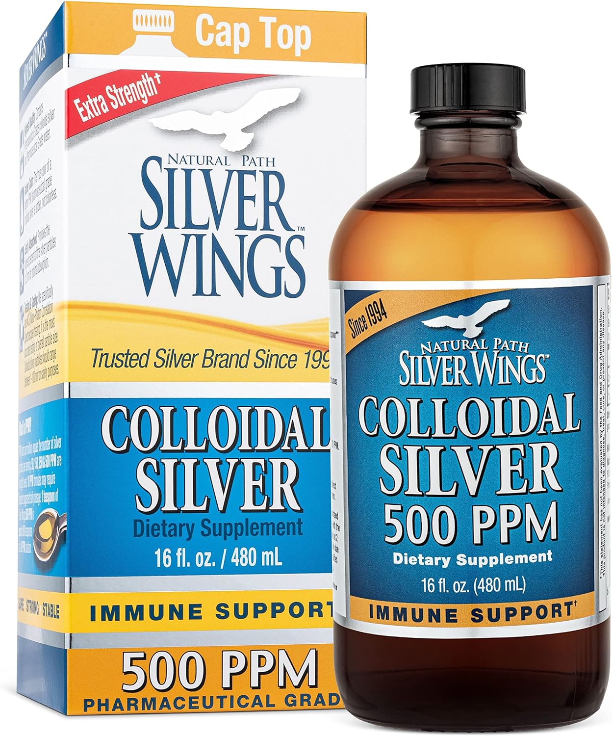 Natural Path Silver Wings Colloidal Silver 500ppm (2,500mcg) Immune Support Supplement 16 fl. oz