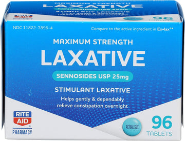 Rite Aid Maximum Strength Laxative, Sennosides USP Tablets, 25 mg, 96 Count | Constipation Relief Laxative Extra Strength | Overnight Fast Acting Laxative | Fiber Supplement & Stool Softeners Softgels