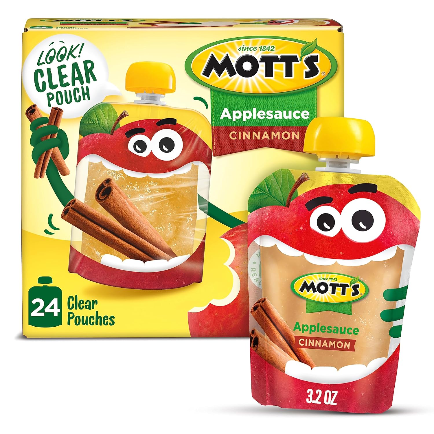 Mott'S Cinnamon Applesauce, 3.2 Oz Clear Pouches, 24 Count (6 Packs Of 4), No Artificial Flavors, Good Source Of Vitamin C, Nutritious Option For The Whole Family