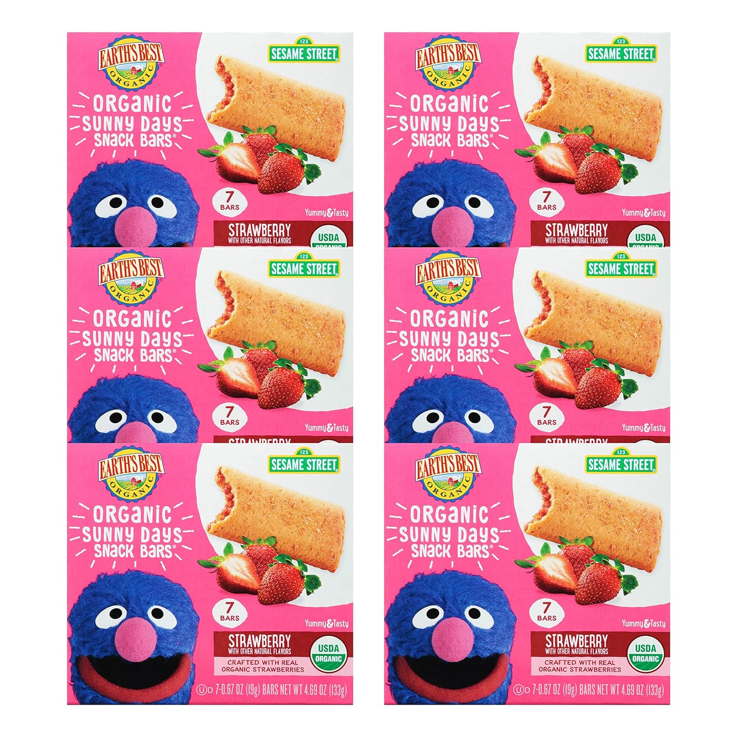 Earth'S Best Organic Kids Snacks, Sesame Street Toddler Snacks, Organic Sunny Days Snack Bars For Toddlers 2 Years And Older, Strawberry With Other Natural Flavors, 7 Bars Per Box (Pack Of 6)
