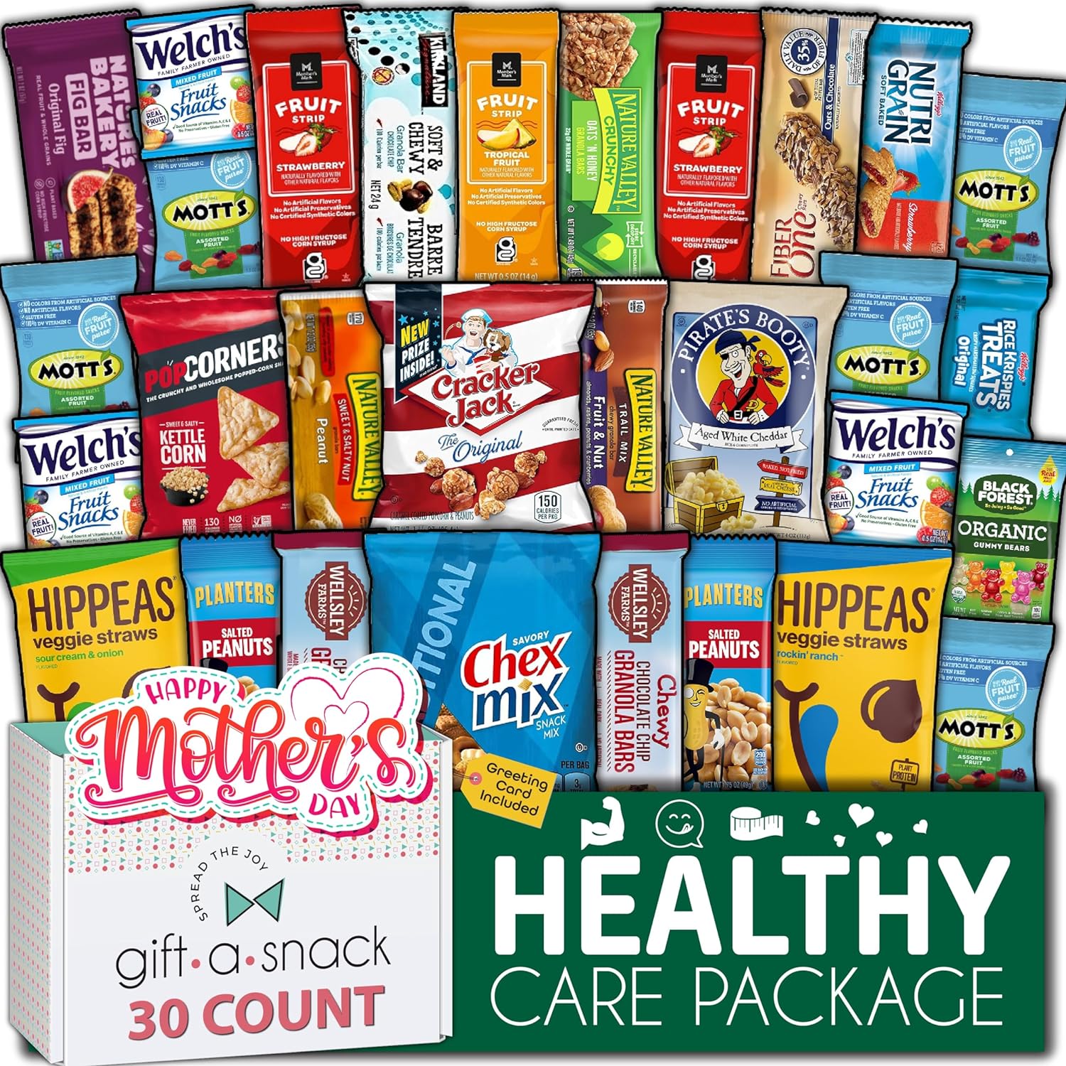 Gift A Snack - Mothers Day Healthy Snack Box Variety Pack Care Package + Greeting Card (30 Count) Treats Gift Basket, Nutritious Granola Breakfast Bars Assortment