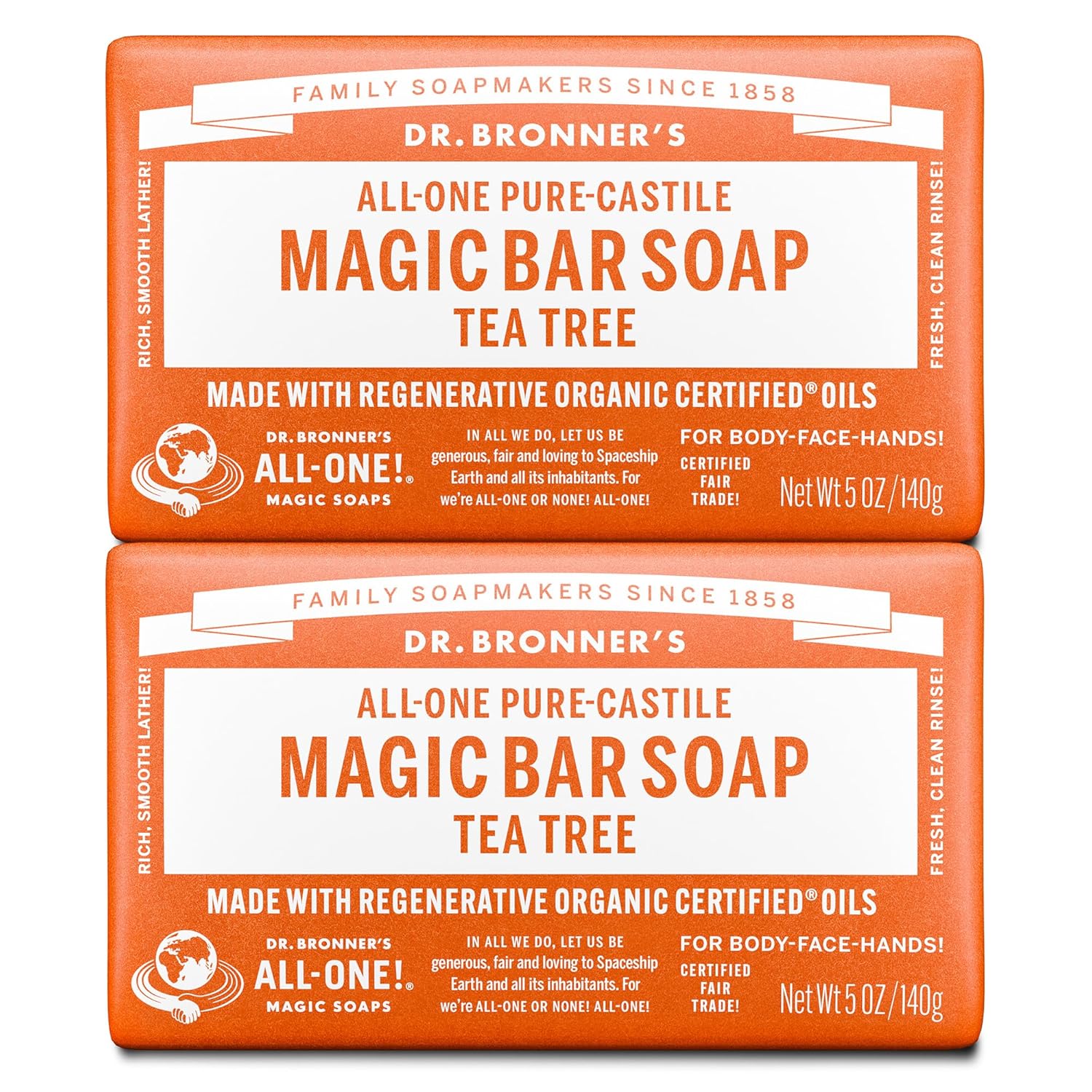Dr. Bronner'S Pure-Castile Magic Bar Soap (Tea Tree, 5 Ounce, 6-Pack) - Made With Regenerative Organic Certified Oils, For Face, Body & Hair, Gentle On Acne-Prone Skin, Biodegradable, Vegan, Non-Gmo