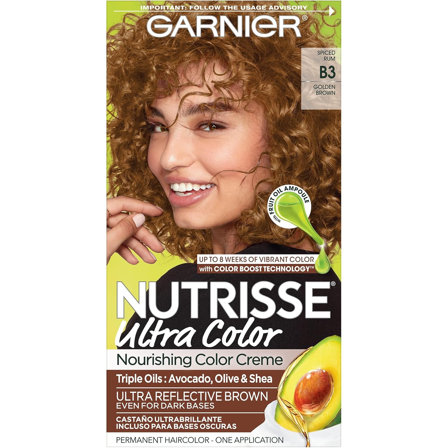 Garnier Hair Color Nutrisse Ultra Color Nourishing Creme, B3 Golden Brown (Spiced Rum) Permanent Hair Dye, 1 Count (Packaging May Vary)