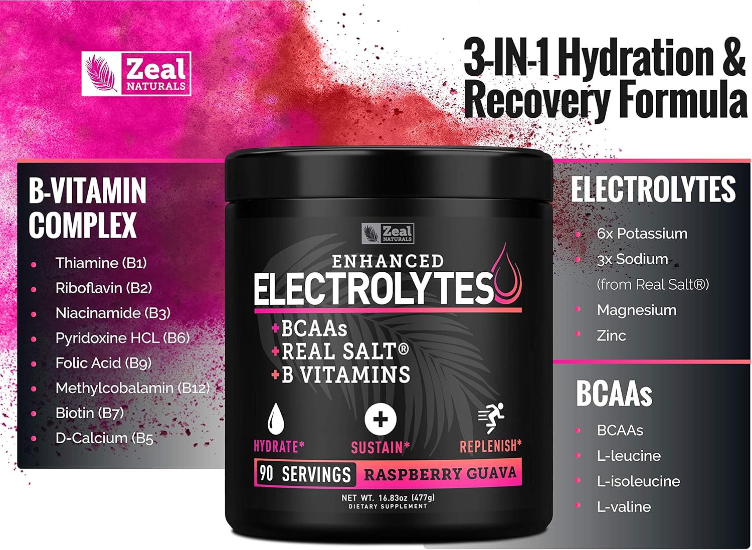 Enhanced Electrolyte Powder (Raspberry Guava 90ct) Sugar Free + BCAA, B-Vitamins & Real Salt® - Keto Electrolytes Drinks, Hydration Powder w Potassium, Sodium, Zinc, Magnesium for Hydration & Recovery : Health & Household