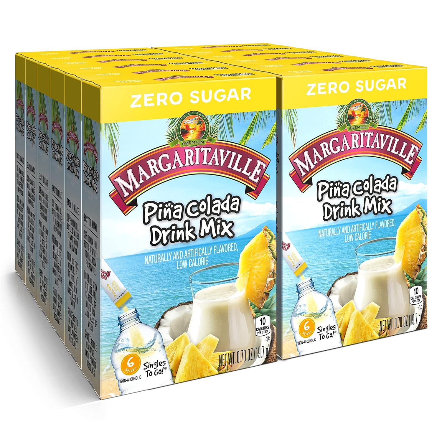 Margaritaville Singles To Go Water Drink Mix - Pina Colada Flavored, Non-Alcoholic Powder Sticks (12 Boxes With 6 Packets Each - 72 Total Servings), 0.65 Ounce (Pack Of 12)