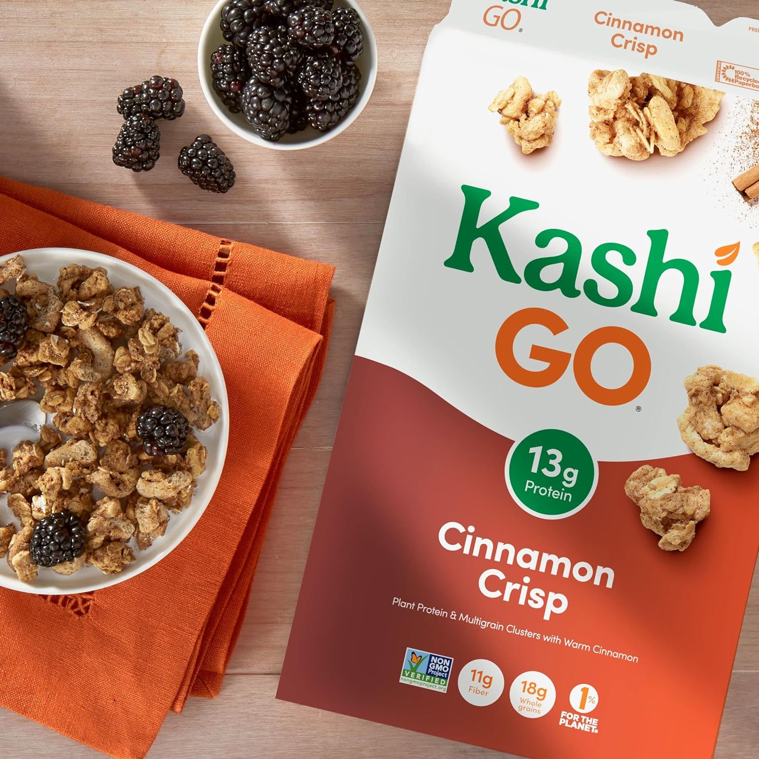 Kashi GO Cold Breakfast Cereal, Vegan Protein, Fiber Cereal, Cinnamon Crisp, 14oz Box (1 Box)