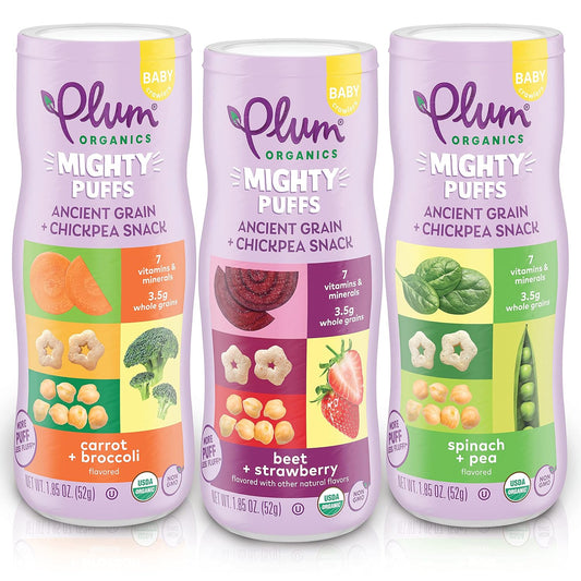Plum Organics Mighty Puffs Organic Baby Food - Three Flavor Variety Pack - 1.85 Oz Canister (Pack Of 6) - Ancient Grains And Chickpea Snacks