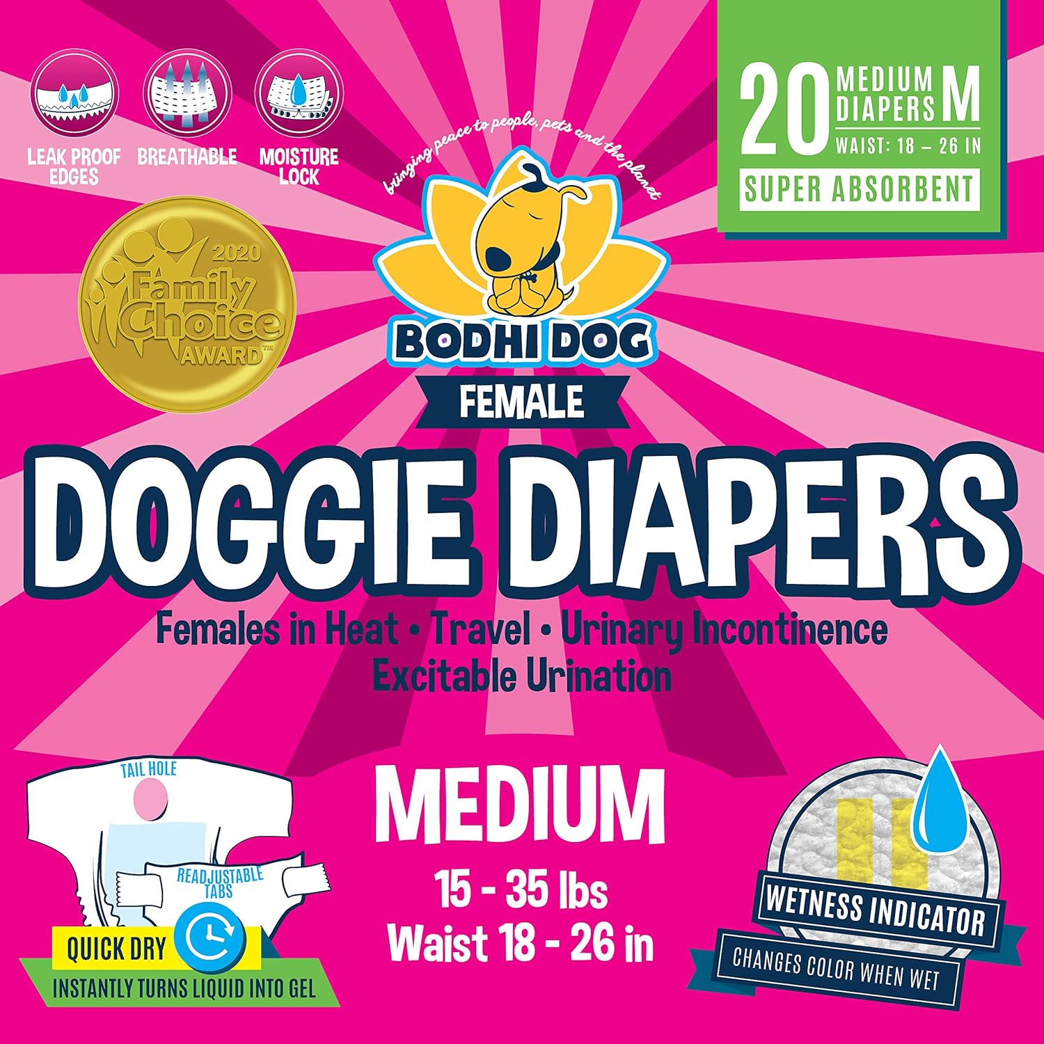 Bodhi Dog Disposable Female Dog Diapers | Super Absorbent Leak-Proof Fit | Premium Adjustable Dog Diapers With Moisture Control & Wetness Indicator | 20 Count Medium Size