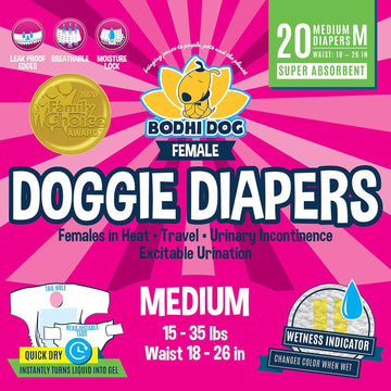 Bodhi Dog Disposable Female Dog Diapers | Super Absorbent Leak-Proof Fit | Premium Adjustable Dog Diapers With Moisture Control & Wetness Indicator | 20 Count Medium Size