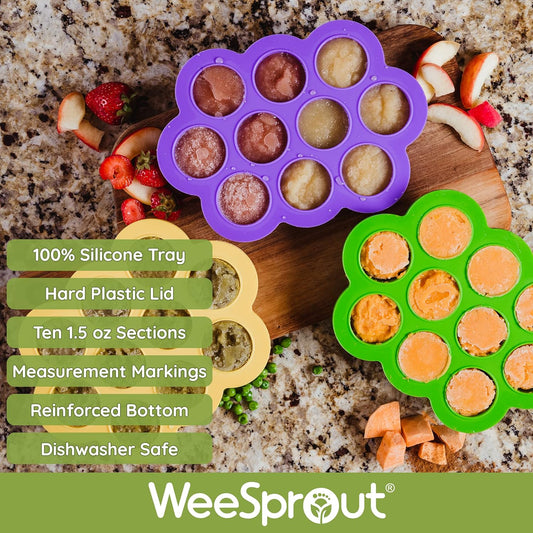 WeeSprout Silicone Freezer Tray with Clip on Lid Perfect Food Storage Container for Homemade Baby Food, Vegetable, Fruit Purees, and Breast Milk (Bright Purple, Ten 1.5 Ounce Sections)