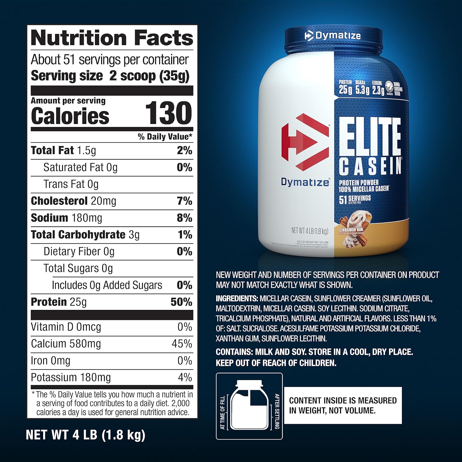 Dymatize Elite Casein Protein Powder, Slow Absorbing with Muscle Building Amino Acids, 100% Micellar Casein, 25g Protein, 5.4g BCAAs & 2.3g Leucine, Helps Overnight Recovery, Cinnamon Bun, 4 Pound : Health & Household