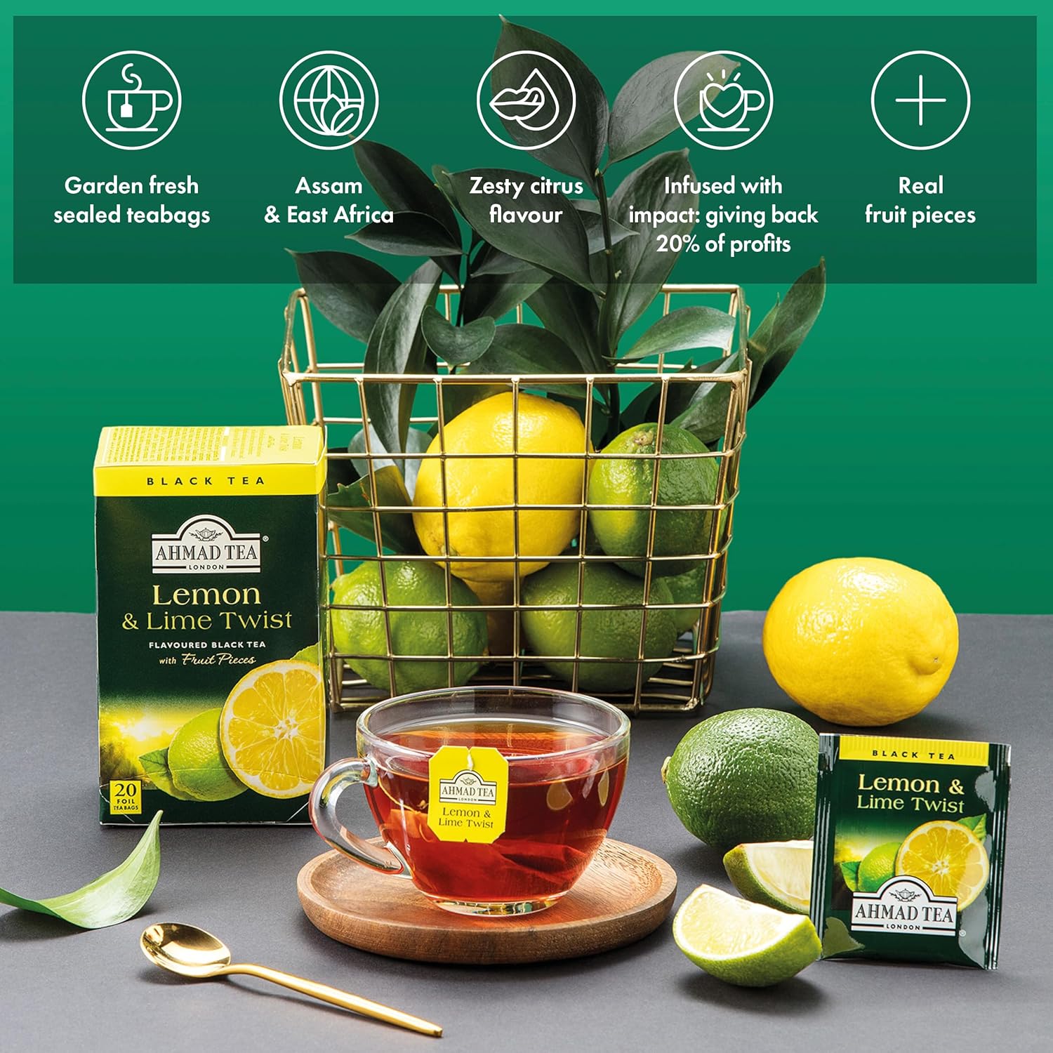 Ahmad Tea Lemon & Lime Twist Black Tea, 20-Count Boxes (Pack Of 6)