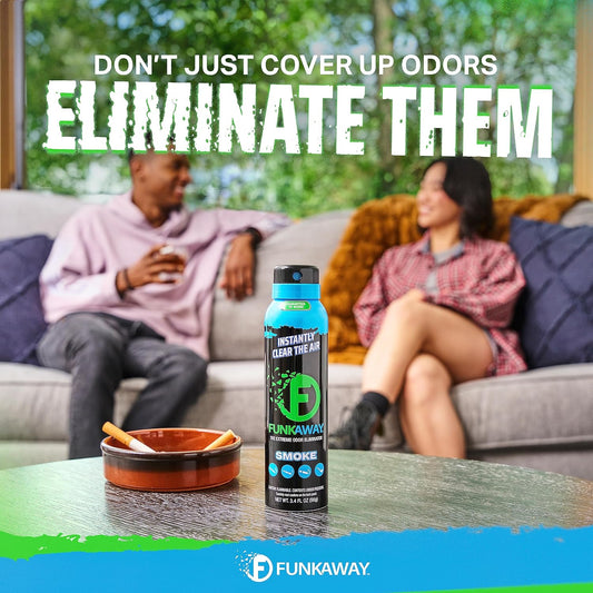 FunkAway Smoke Odor Eliminator Spray for Air, 3.4 oz., 4 Pack, Eliminates Extreme Cigarette, Cigar and Campfire Smoke Odors, Instantly Refresh Smoky Air