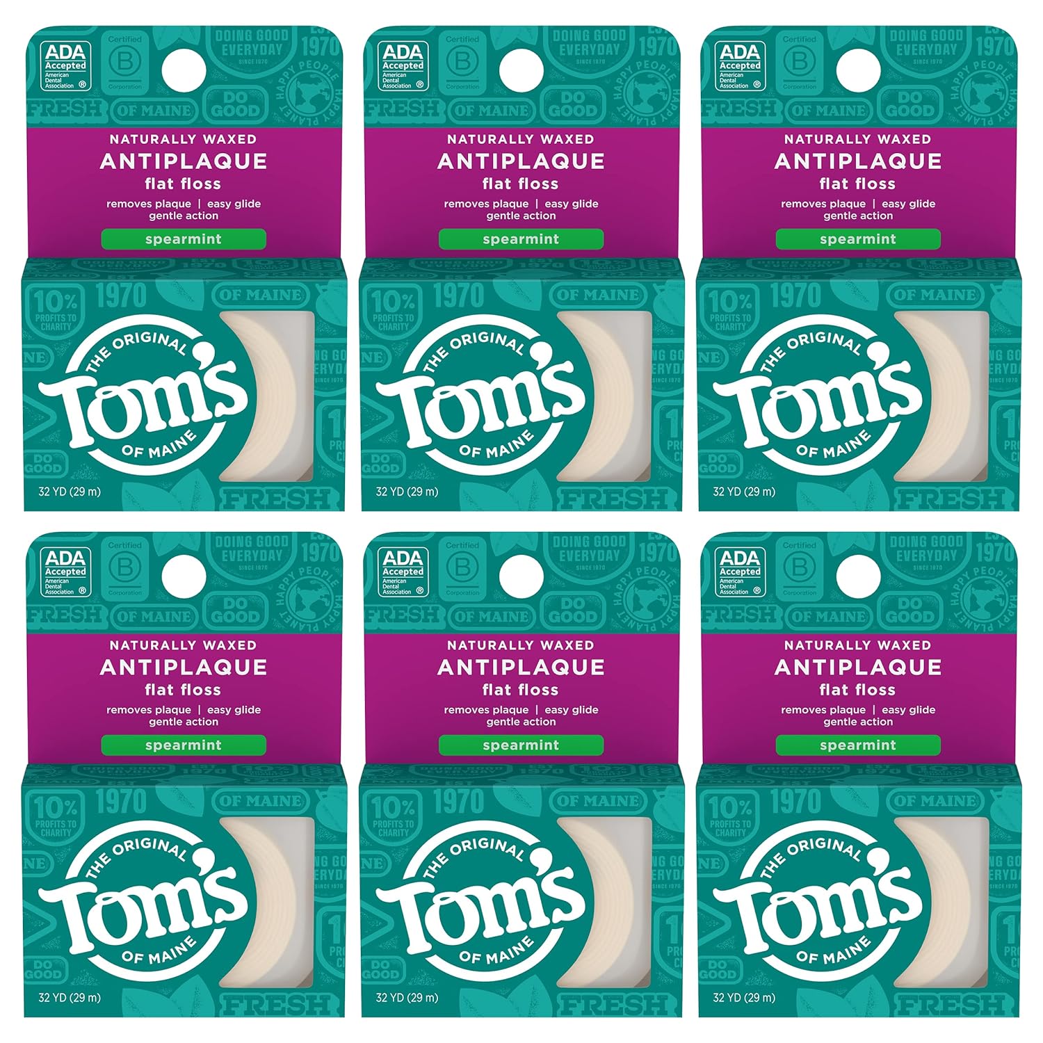 Tom's of Maine Naturally Waxed Antiplaque Flat Dental Floss, Spearmint, 32 Yards 6-Pack (Packaging May Vary)