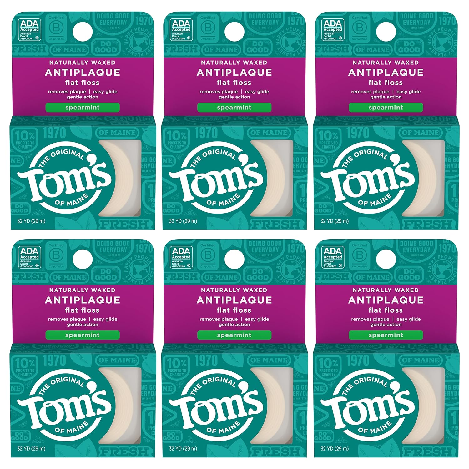 Tom'S Of Maine Naturally Waxed Antiplaque Flat Dental Floss, Spearmint, 32 Yards 6-Pack (Packaging May Vary)