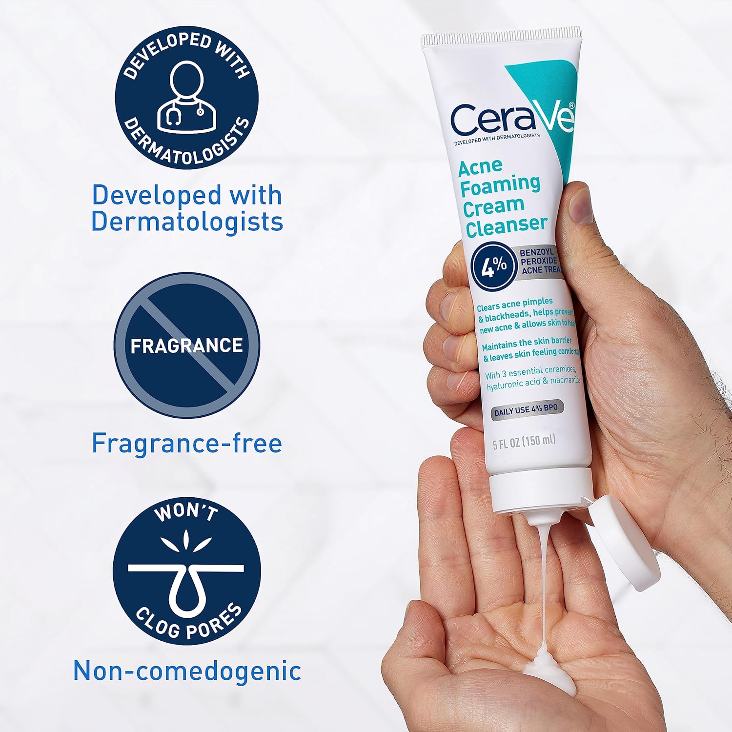 CeraVe Acne Foaming Cream Cleanser | Acne Treatment Face Wash with 4% Benzoyl Peroxide, Hyaluronic Acid, and Niacinamide | Cream to Foam Formula | Fragrance Free & Non Comedogenic | 5 Oz : Beauty & Personal Care