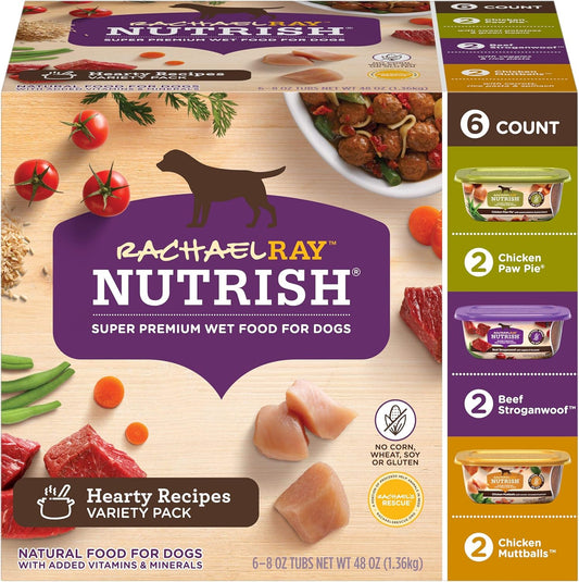 Rachael Ray Nutrish Premium Natural Wet Dog Food With Added Vitamins & Minerals, Hearty Recipes Variety Pack, 8 Ounce Tub (Pack Of 12)