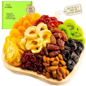 Nut Cravings Gourmet Collection - Dried Fruit & Mixed Nuts Gift Basket In Wooden Apple-Shaped Tray (9 Assortments) Teacher Appreciation Arrangement Platter, Healthy Kosher Usa Made