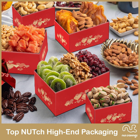 Nut Cravings Gourmet Collection - Dried Fruit & Mixed Nuts Gift Basket Red Tower + Heart Ribbon (12 Assortments) Teacher Appreciation Arrangement Platter, Healthy Kosher Usa Made