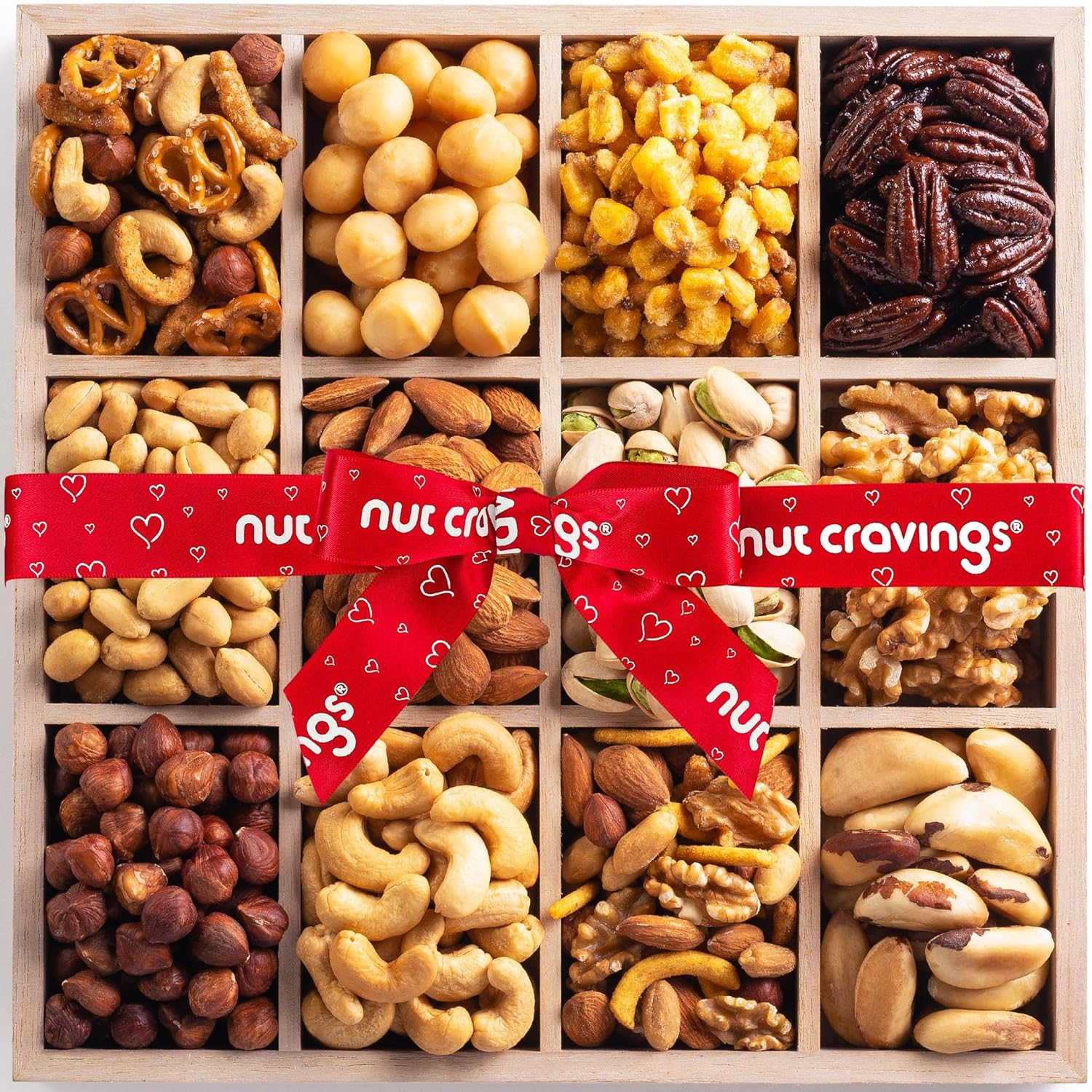 Nut Cravings Gourmet Collection - Mixed Nuts Gift Basket In Reusable Wooden Tray + Heart Ribbon (12 Assortments) Teacher Appreciation Arrangement Platter, Healthy Kosher Usa Made