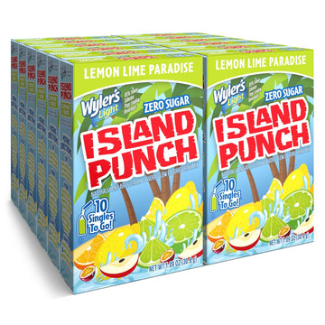 Wyler’S Light Island Punch Singles To Go, Lemon Lime Paradise, 10-Count Per Box (12 Pack) – Low Calorie Powdered Drink Mixes, Caffeine Free, Gluten Free, And Zero Sugar, 120 Total Powder Packets