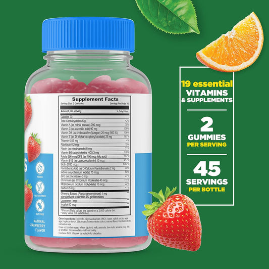 Lifeable Sugar Free Multivitamin for Women - Vegan Great Tasting - w/Vitamin A, C, D, E, B1, B2, Niacin, B5, B6, Folate, B12, Biotin, Iodine, Zinc, Chromium, Ginseng, Lycopene, Inositol - 90 Gummies