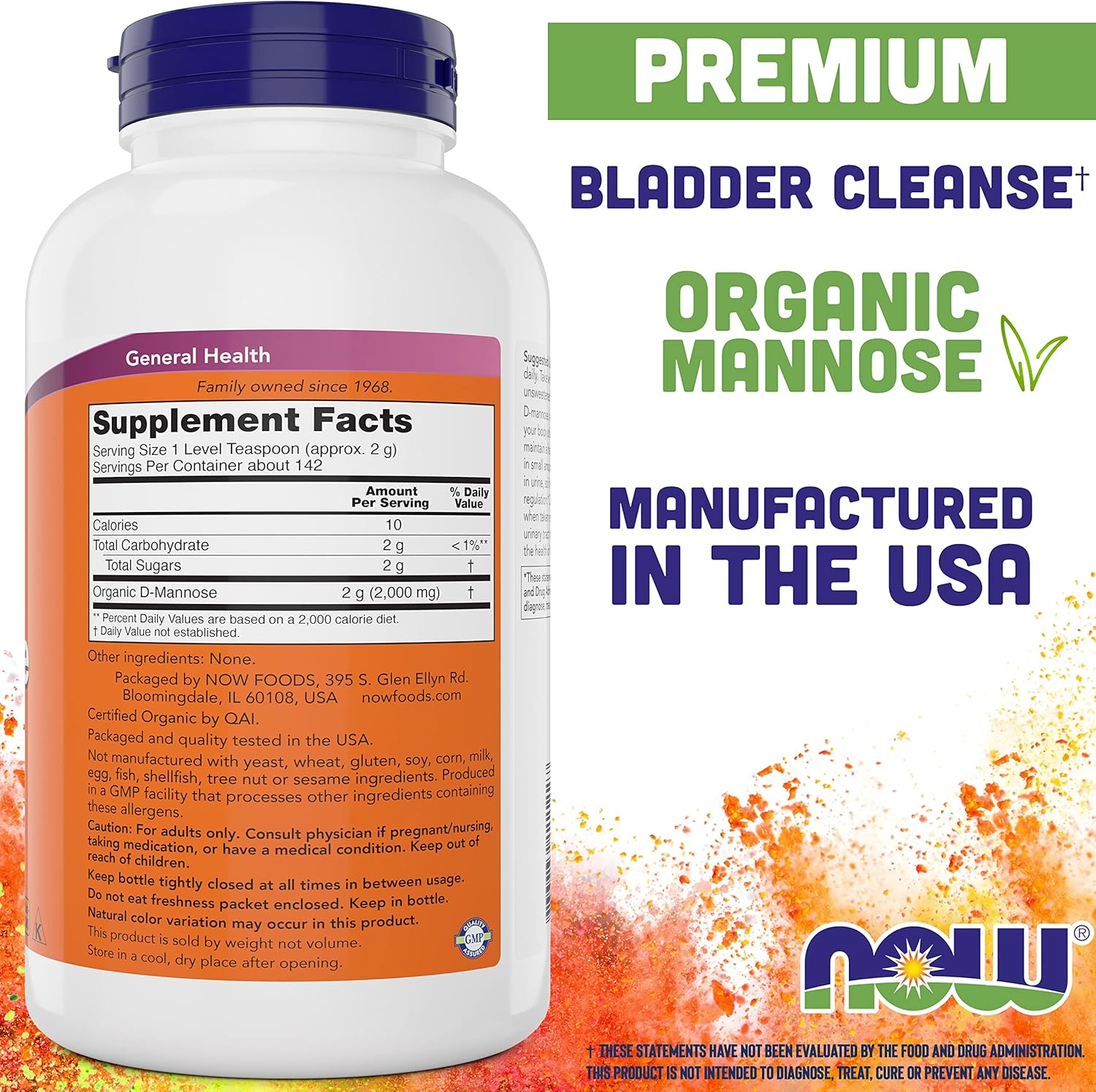 NOW Foods Pure, Organic D-Mannose  Powder - Bladder Cleanse and Urinary Tract Health Supplement - Non-GMO - Vegan Friendly - 2000mg / 2 Grams per Serving