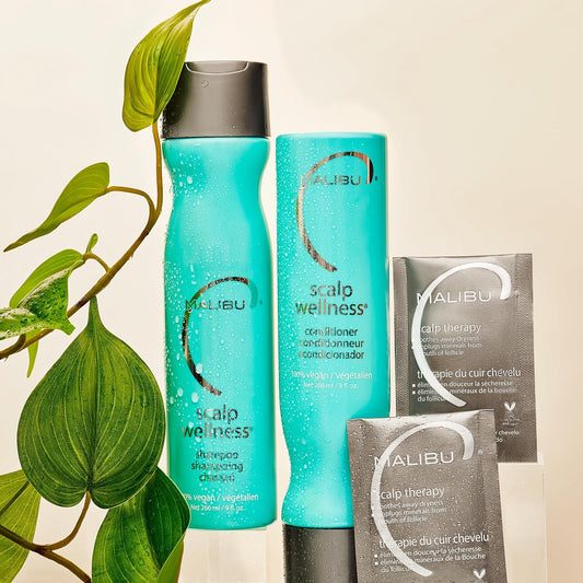 Malibu C Scalp Wellness Collection - Soothing Shampoo And Conditioner Hair Care Set For Dry Scalp - Formulated With Vitamin C Antioxidant Complex - Travel Size Scalp Remedy Packets Included (33.8 Oz)