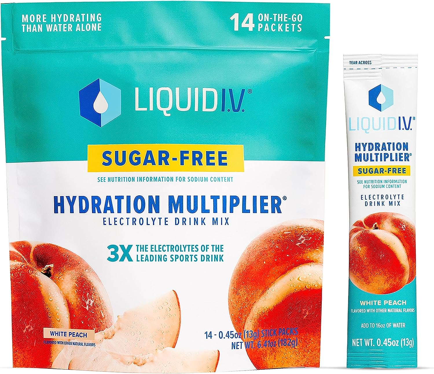 Liquid I.V. Sugar-Free Hydration Multiplier - White Peach ? Hydration Powder Packets | Electrolyte Powder Drink Mix | Easy Open Single-Serving Sticks | Non-GMO | 1 Pack (14 Servings)