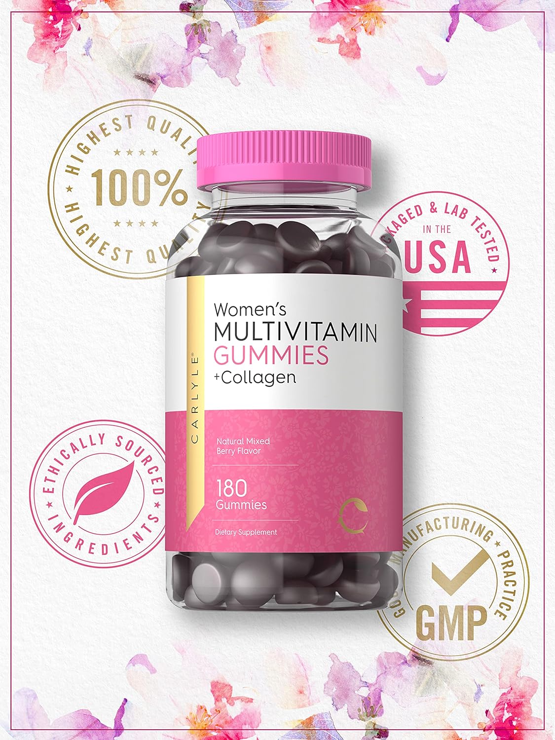 Carlyle Multivitamin for Women | 180 Gummies | Mixed Berry Flavor | with Collagen | Non-GMO, Gluten Free Supplement : Health & Household