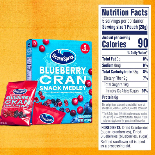 Ocean Spray® Blueberry Cran™ Snack Medley, Cranberry And Blueberry Dried Fruit Snack, 1 Oz Pouches, 5 Count