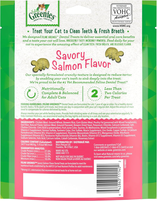 Greenies Feline Adult Natural Dental Care Cat Treats, Savory Salmon Flavor, 4.6 Oz. Pouch