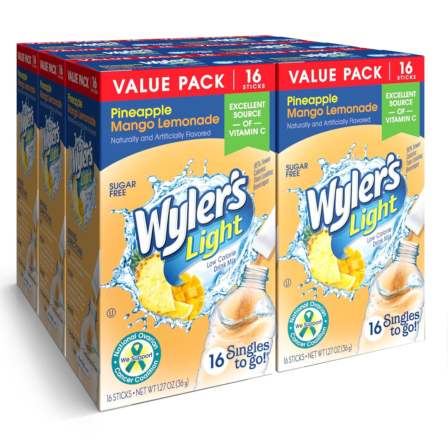 Wyler'S Light Singles To Go Powder Packets, Water Drink Mix, 16 Count, 6 Boxes (96 Single Servings) (Pineapple Mango Lemonade)