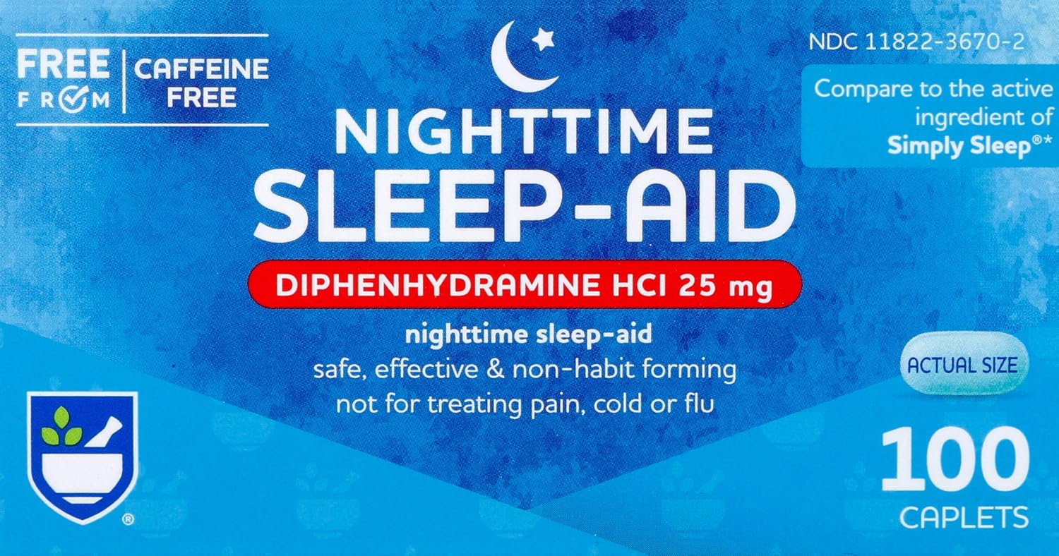 Rite Aid Nighttime Sleep Aid Diphenhydramine Hci 25 Mg, 100 Mini Caplets | Non-Habit Forming Sleep Supplement | Natural Sleep Aid