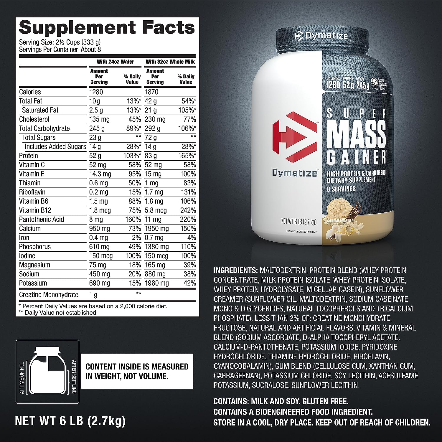 Dymatize Super Mass Gainer Protein Powder, 1280 Calories & 52g Protein, Gain Strength & Size Quickly, 10.7g BCAAs, Mixes Easily, Tastes Delicious, Gourmet Vanilla, Gourmet Vanilla, 6 Pound (Pack of 1) : Health & Household