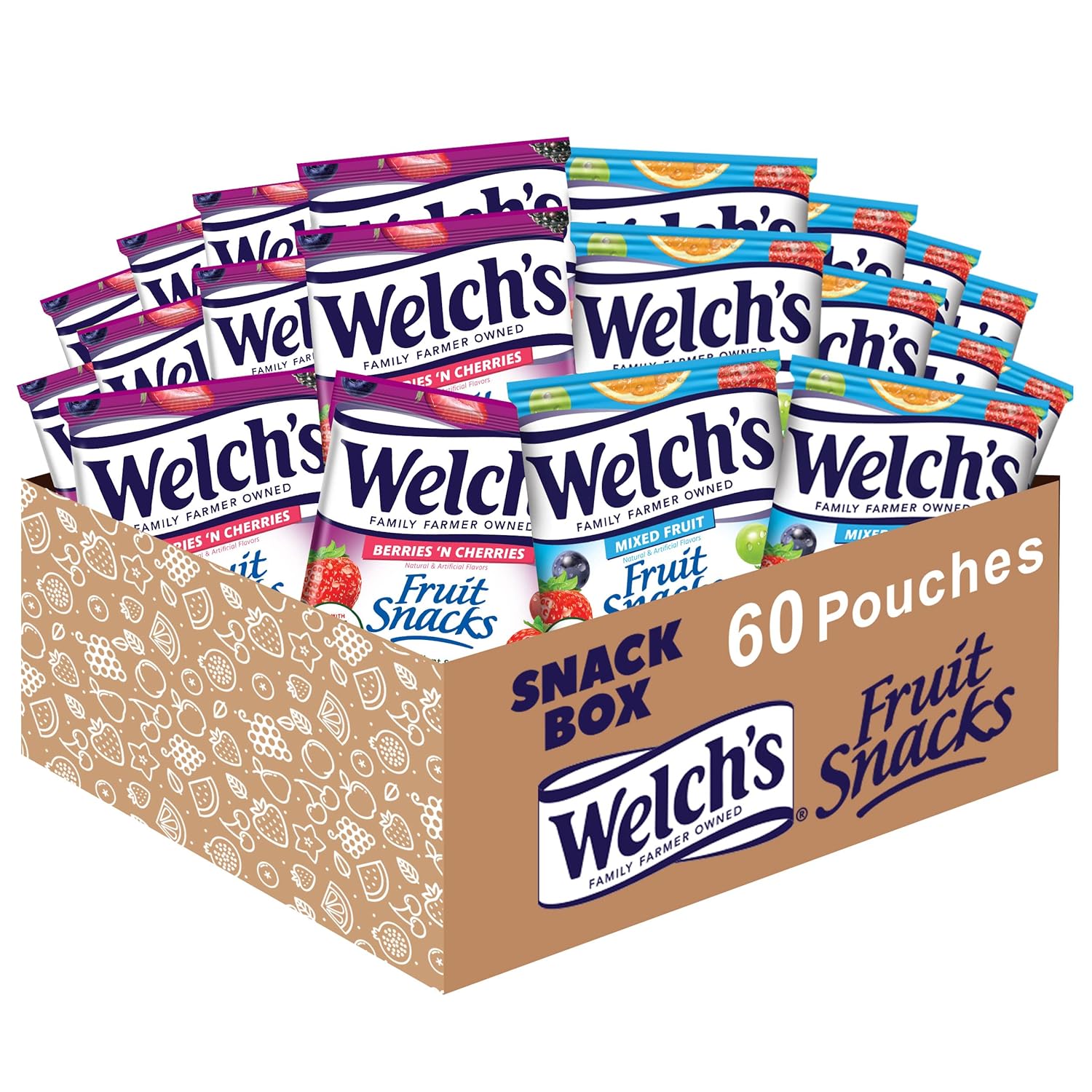 Welch'S Fruit Snacks, Mixed Fruit & Berries 'N Cherries Variety Pack, Perfect Halloween Candy Bulk Pack, Gluten Free, 0.8 Oz Individual Single Serve Bags (Pack Of 60)