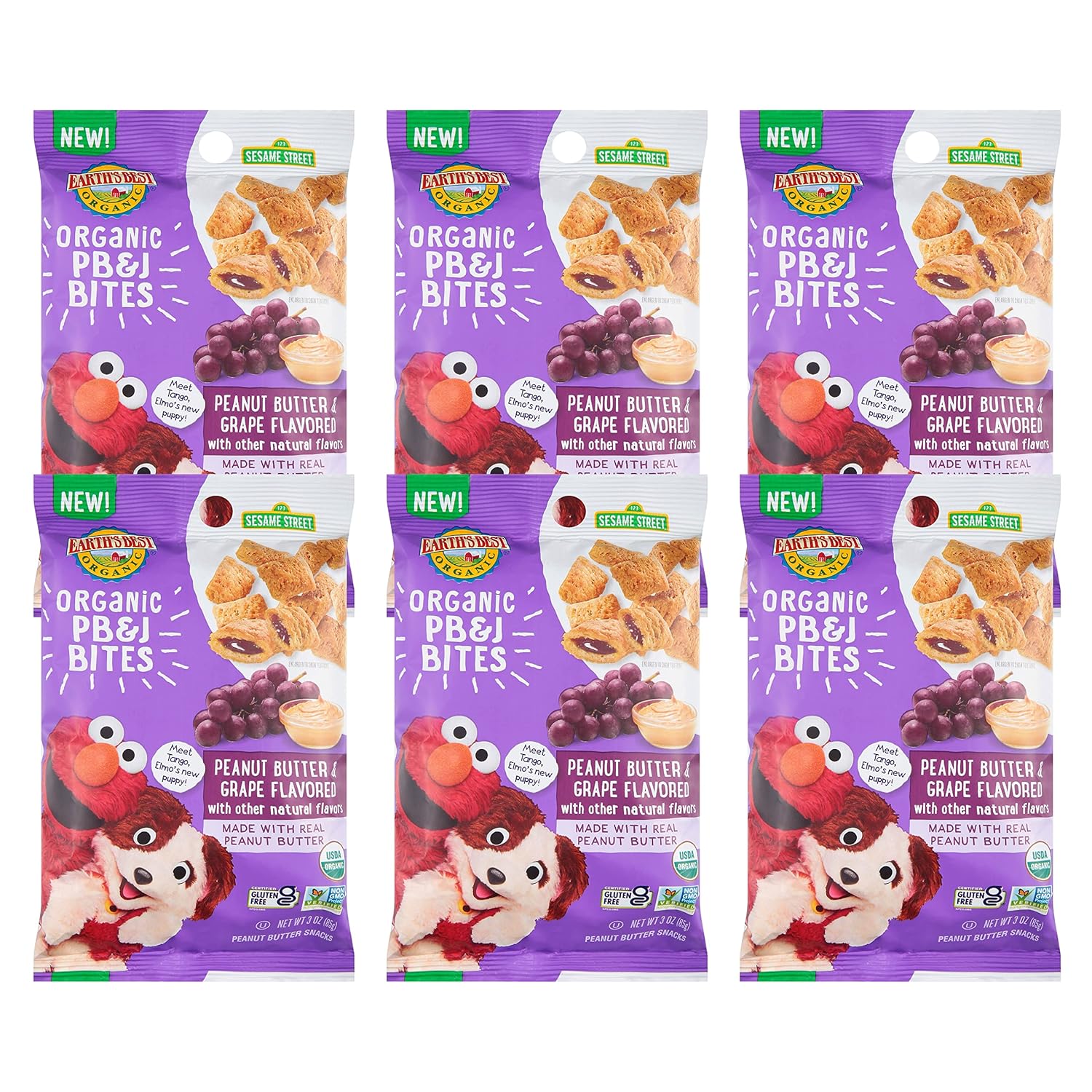 Earth'S Best Organic Kids Snacks, Sesame Street Toddler Snacks, Organic Pb&J Bites For Toddlers 2 Years And Older, Peanut Butter And Grape Flavored With Other Natural Flavors, 3 Oz Bag (Pack Of 6)