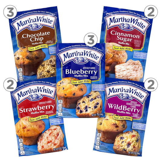 Martha White Muffin Mix Sampler Variety Pack, Pack of 12, Chocolate Chip, Blueberry, Strawberry, Cinnamon Sugar, Wildberry, Just Add Milk