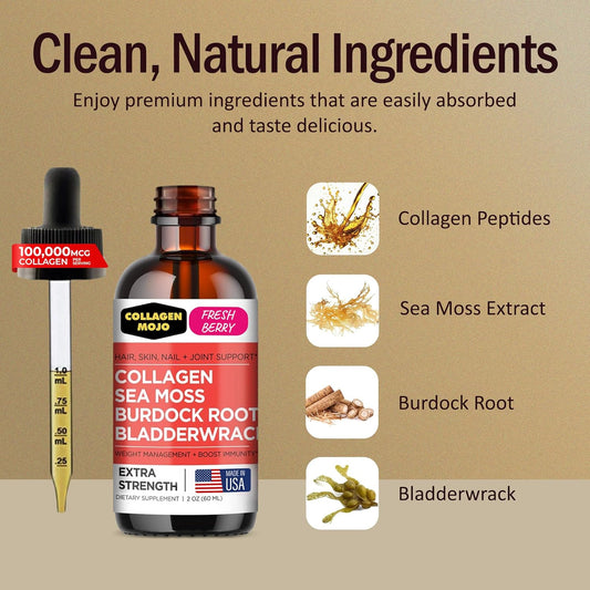 Collagen Mojo - Liquid Collagen For Women & Men, Collagen Peptides With Sea Moss, Burdock Root & Bladderwrack - Hair, Skin, Nails, Joint Support, Weight Management, High Absorption - 100,000Mcg, 2 Oz