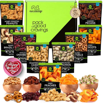 Nut Cravings Gourmet Collection - Mothers Day Dried Fruit & Mixed Nuts Gift Basket in Green Box (9 Assortments) Arrangement Platter, Birthday Care Package - Healthy Kosher USA Made
