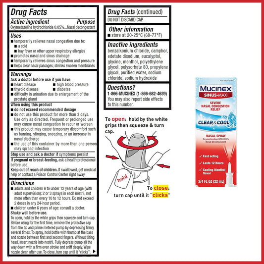 Mucinex Sinus-Max Nasal Spray Clear & Cool, 0.75 Oz Packaging May Vary (Pack Of 2), 1.5 Fluid Ounces